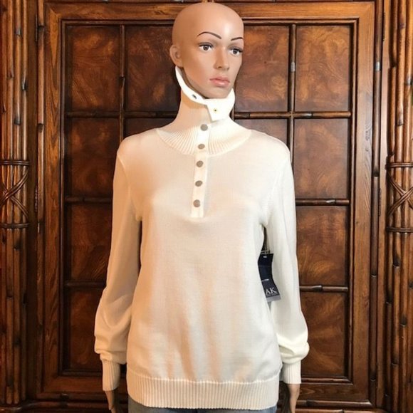 Anne Klein Sweaters | Anne Klein Ivory Logo Snap Front Cotton Turtleneck Sweater | Color: Cream | Size: L | Ravishrage's Closet